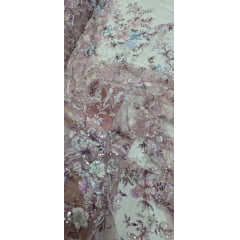 Tule Bordado com Pedrarias Premium Primavera Multicolor Rosê