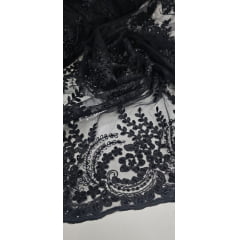 Tule Bordado Com Pedraria Preto Com Canutilhos e Pérolas B01