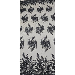 Tule Bordado Com Pedraria Preto Com Canutilhos e Pérolas B01