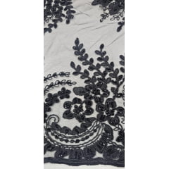 Tule Bordado Com Pedraria Preto Com Canutilhos e Pérolas B01