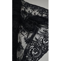 Tule Bordado Com Pedraria Preto Com Canutilhos e Pérolas B01