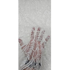 Tule Bordado Com Pedraria Super Luxo Off White  HT97144  