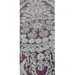 Tule Bordado Com Pedraria Super Luxo Off White  HT97144  