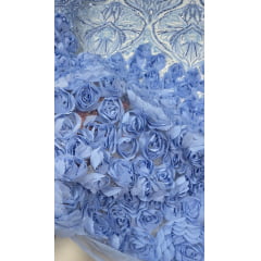 Tule Bordado com Pedrarias 3D Floral em Georgete Azul Serenity