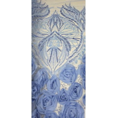 Tule Bordado com Pedrarias 3D Floral em Georgete Azul Serenity