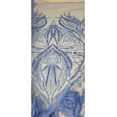 Tule Bordado com Pedrarias 3D Floral em Georgete Azul Serenity