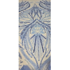 Tule Bordado com Pedrarias 3D Floral em Georgete Azul Serenity