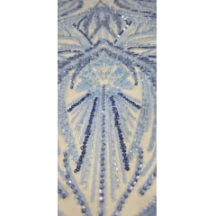 Tule Bordado com Pedrarias 3D Floral em Georgete Azul Serenity