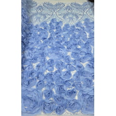 Tule Bordado com Pedrarias 3D Floral em Georgete Azul Serenity