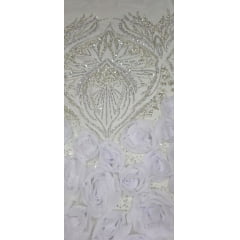 Tule Bordado com Pedrarias 3D Floral em Georgete Branco com Champanhe