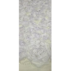 Tule Bordado com Pedrarias 3D Floral em Georgete Branco com Champanhe