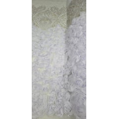 Tule Bordado com Pedrarias 3D Floral em Georgete Branco com Champanhe