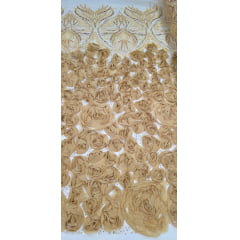 Tule Bordado com Pedrarias 3D Floral em Georgete Dourado