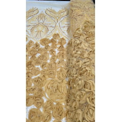Tule Bordado com Pedrarias 3D Floral em Georgete Dourado
