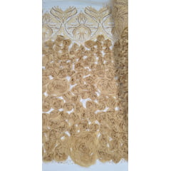 Tule Bordado com Pedrarias 3D Floral em Georgete Dourado