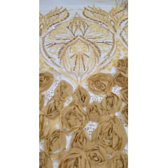 Tule Bordado com Pedrarias 3D Floral em Georgete Dourado