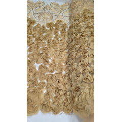 Tule Bordado com Pedrarias 3D Floral em Georgete Dourado