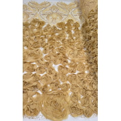 Tule Bordado com Pedrarias 3D Floral em Georgete Dourado