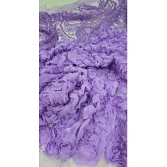 Tule Bordado com Pedrarias 3D Floral em Georgete Lilás