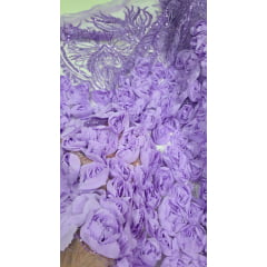 Tule Bordado com Pedrarias 3D Floral em Georgete Lilás