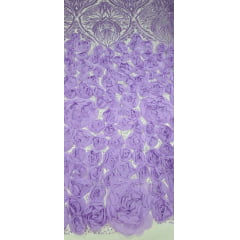 Tule Bordado com Pedrarias 3D Floral em Georgete Lilás