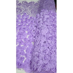 Tule Bordado com Pedrarias 3D Floral em Georgete Lilás