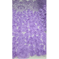 Tule Bordado com Pedrarias 3D Floral em Georgete Lilás