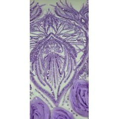 Tule Bordado com Pedrarias 3D Floral em Georgete Lilás