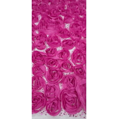 Tule Bordado com Pedrarias 3D Floral em Georgete Pink