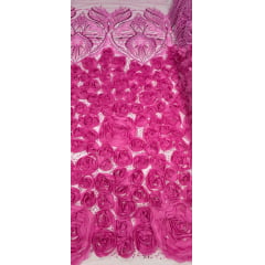 Tule Bordado com Pedrarias 3D Floral em Georgete Pink
