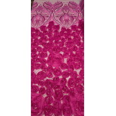 Tule Bordado com Pedrarias 3D Floral em Georgete Pink