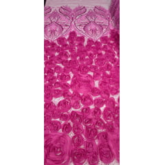 Tule Bordado com Pedrarias 3D Floral em Georgete Pink