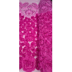 Tule Bordado com Pedrarias 3D Floral em Georgete Pink