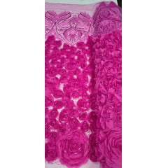 Tule Bordado com Pedrarias 3D Floral em Georgete Pink