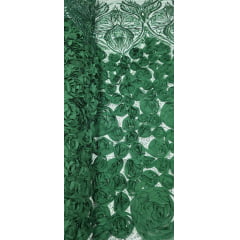 Tule Bordado com Pedrarias 3D Floral em Georgete Verde Floresta