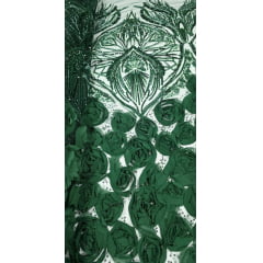 Tule Bordado com Pedrarias 3D Floral em Georgete Verde Floresta