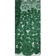Tule Bordado com Pedrarias 3D Floral em Georgete Verde Floresta