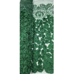 Tule Bordado com Pedrarias 3D Floral em Georgete Verde Floresta
