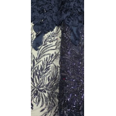 Tule Bordado com Pedrarias 3D Wave em Georgete Azul marinho