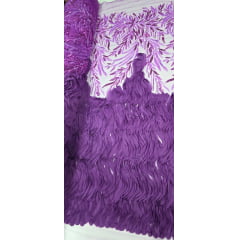 Tule Bordado com Pedrarias 3D Wave em Georgete Fucsia