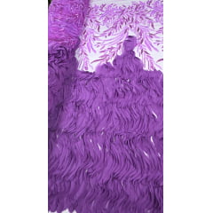 Tule Bordado com Pedrarias 3D Wave em Georgete Fucsia