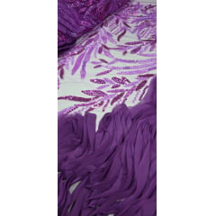 Tule Bordado com Pedrarias 3D Wave em Georgete Fucsia