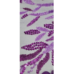 Tule Bordado com Pedrarias 3D Wave em Georgete Fucsia
