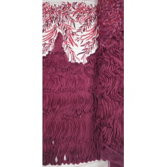 Tule Bordado com Pedrarias 3D Wave em Georgete Marsala