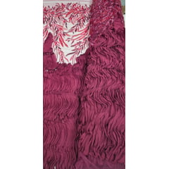 Tule Bordado com Pedrarias 3D Wave em Georgete Marsala
