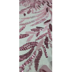 Tule Bordado com Pedrarias 3D Wave em Georgete Rosê