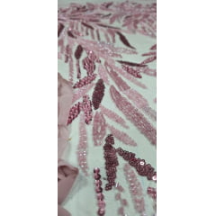 Tule Bordado com Pedrarias 3D Wave em Georgete Rosê