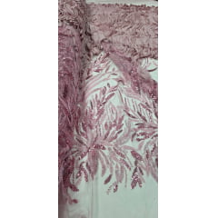 Tule Bordado com Pedrarias 3D Wave em Georgete Rosê