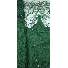 Tule Bordado com Pedrarias 3D Wave em Georgete Verde Floresta