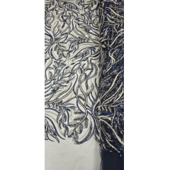 Tule Bordado com Pedrarias Azul Marinho com Ouro Velho Multicolor HS2625 